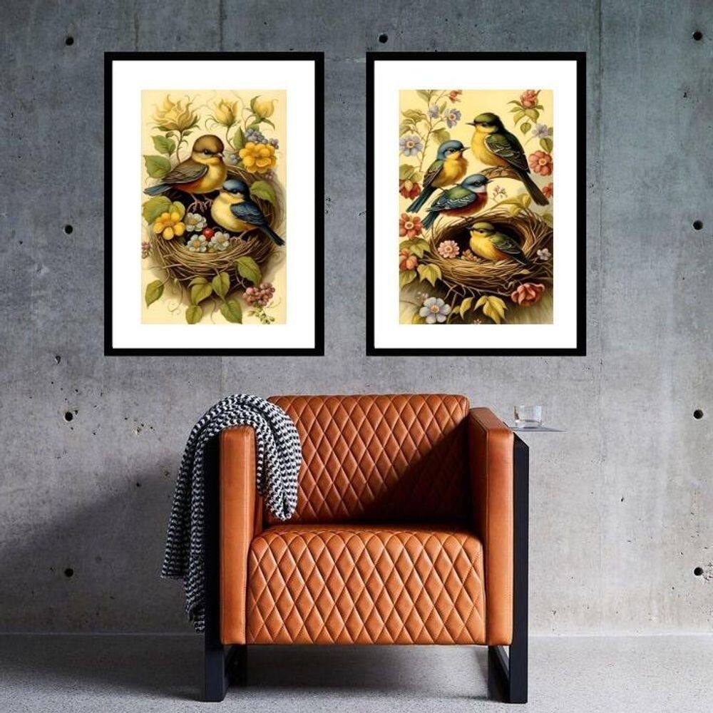 Kit 2 Quadros Passarinhos No Ninho - 60X48Cm