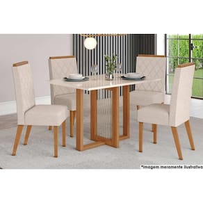 Sala de Jantar Completa Natalí c/ Tampo Madeirado c/ Vidro Reto 120x80cm e 4 Cadeiras Nina Nature/Veludo Light Linho - Henn