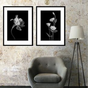 Kit 2 Quadros Flores Preto E Branco - 60X48Cm