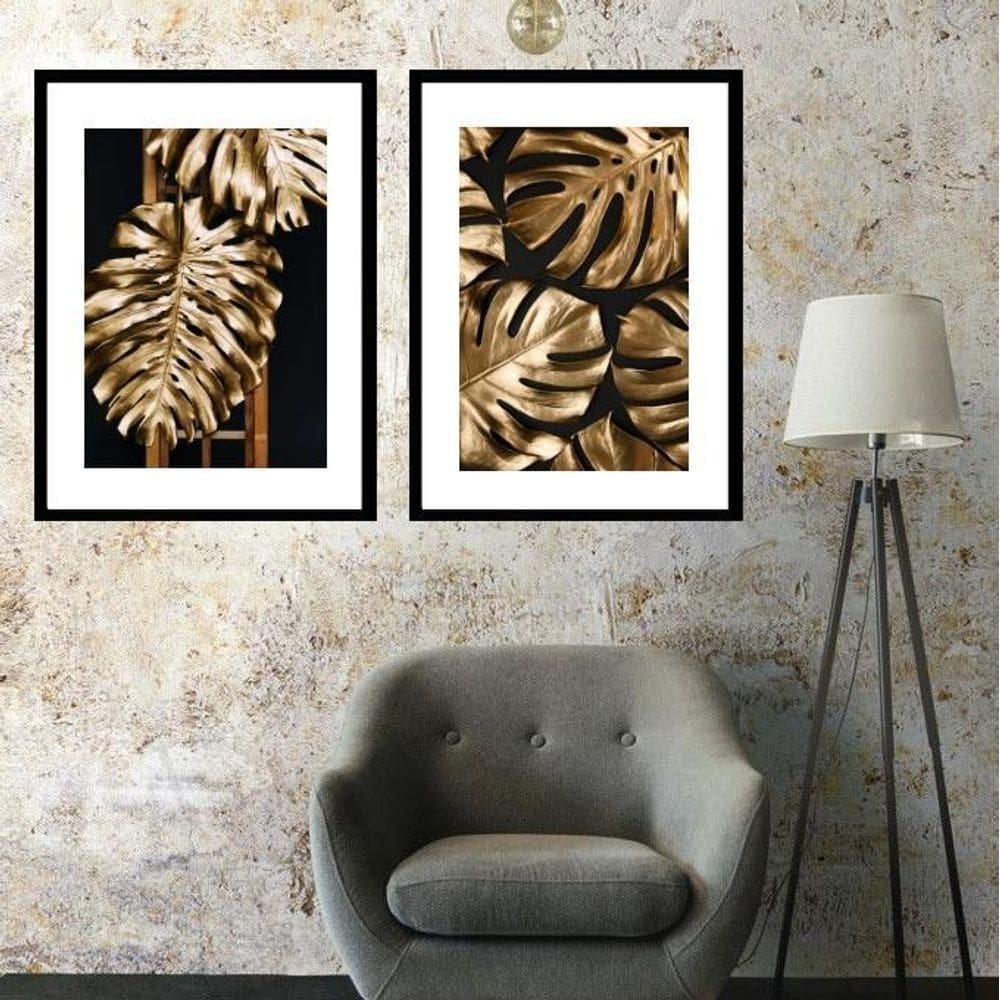 Kit 2 Quadros Folhas Preto Dourado - 60X48Cm