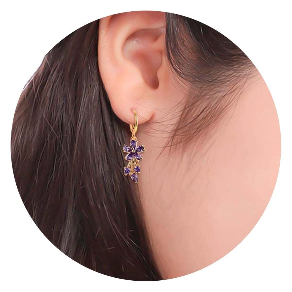 Brinco Zircônia Strass Flor Roxo Brincos Pendentes