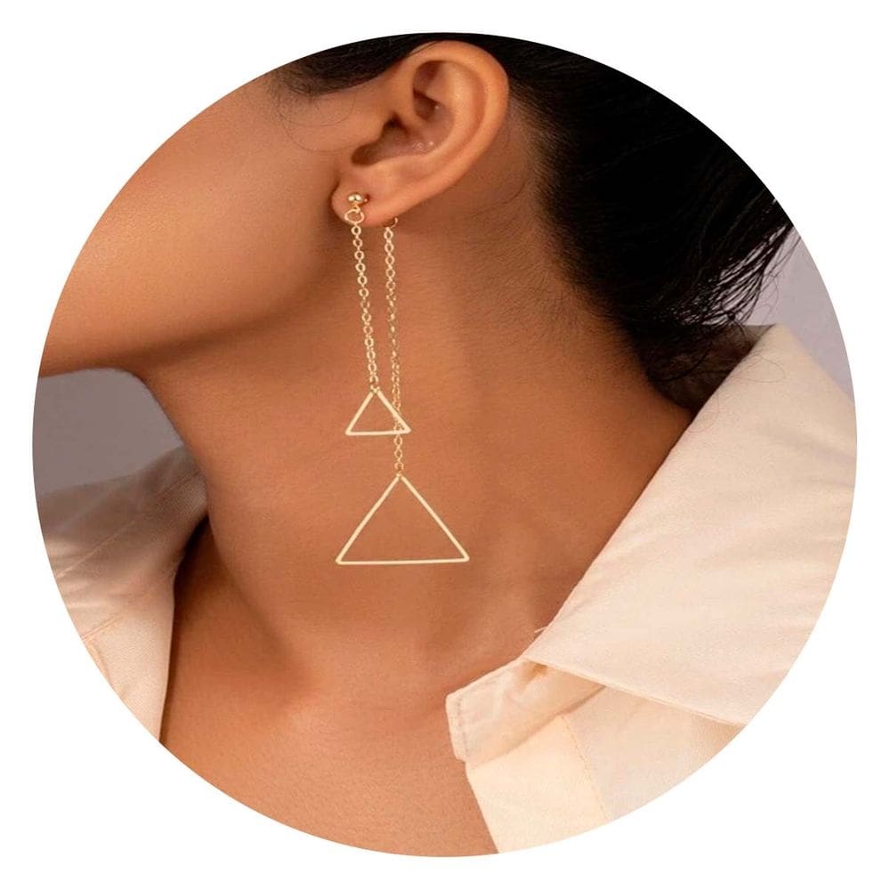 Brinco Longo Corrente Triangular Feminino Dourado Elegante