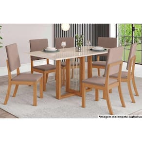 Sala de Jantar Completa Natalí c/ Tampo Madeirado c/ Vidro Reto 160x90cm e 6 Cadeiras Milla Nature/Veludo Light Marrom Amêndoa - Henn