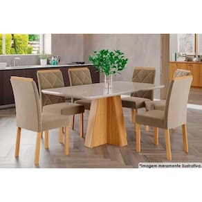 Sala de Jantar Completa Maite c/ Tampo Madeirado c/ Vidro Canto Curvo 130x80cm e 6 Cadeiras Maia Nature/Suede Gengibre Bege - Cimol