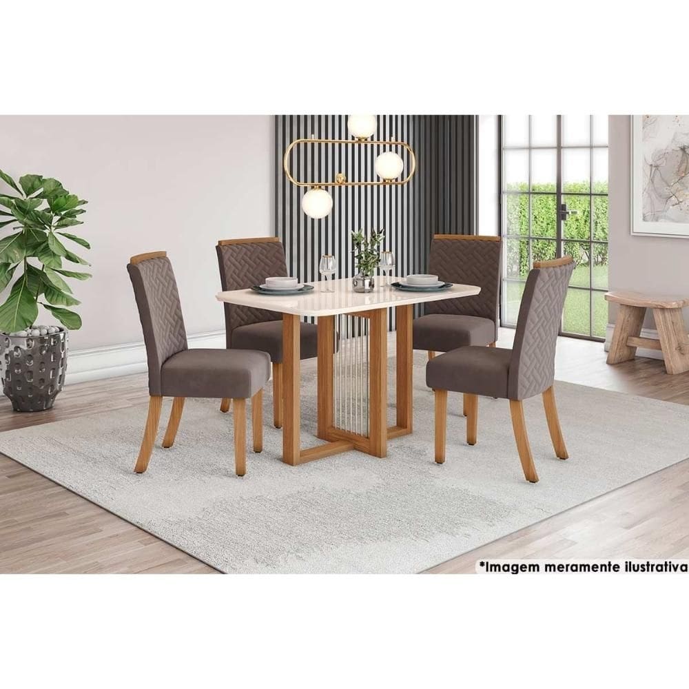 Sala de Jantar Completa Natalí c/ Tampo Madeirado c/ Vidro Curvo 120x80cm e 4 Cadeiras Malu Nature/Marrom Amêndoa - Henn
