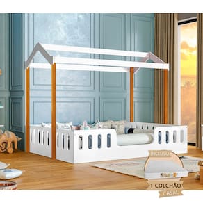 Cama Infantil Com Colchão Casal Casinha Segura Montessoriana Ágatha - Branco/Castanho Claro