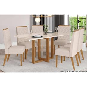 Sala de Jantar Completa Natalí c/ Tampo Madeirado c/ Vidro Curvo 160x90cm e 6 Cadeiras Nina Nature/Veludo Light Linho - Henn