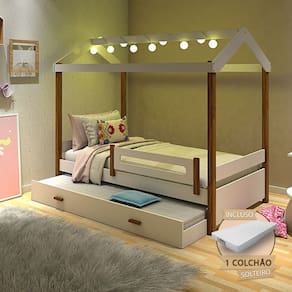 Cama Solteiro Com Auxiliar E Led Casinha Montessoriana Eliz Branco/Castanho Claro + 2 Colchões