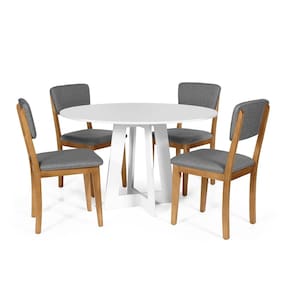Mesa de Jantar Redonda Montreal Branca com 4 Cadeiras Estofadas Ella Cinza Escuro