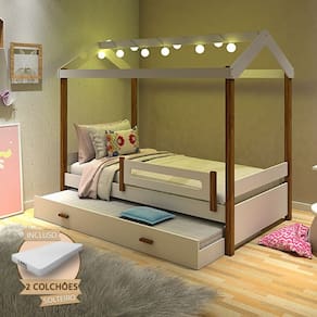 Bicama Solteiro Com Colchões E Led Casinha Montessoriana Eliz Proteção Branco/Castanho Claro