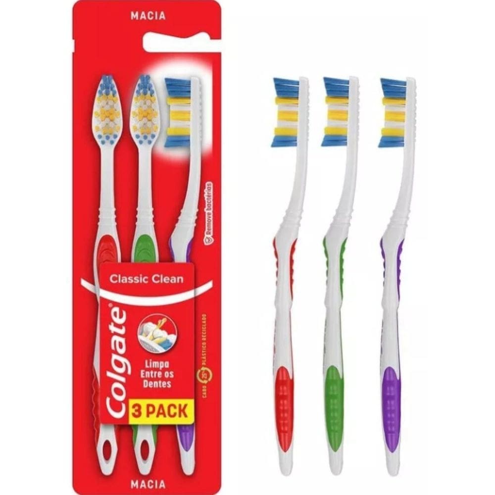 Escova dental kit com 3 unidades colgate classic clean macia