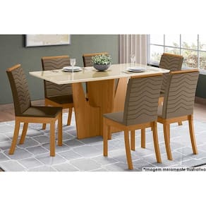 Sala de Jantar Completa Vértice Tampo Reto Madeirado c/Vidro 160x80cm e 6 Cadeiras Isa Nature/Veludo Light Bege Vanilla - Henn