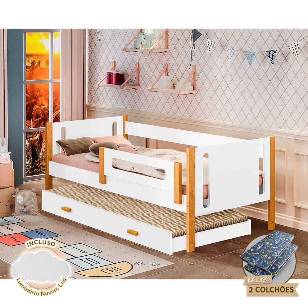 Bicama Infantil Com Grade De Proteção E Colchões Mirela Branca/Castanho Claro + Luminária Led