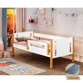Cama Infantil Babá Montessoriana Com Colchão Mirela Com Grade De Proteção - Branco/Castanho Claro