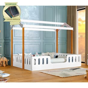 Cama Casal Infantil Casinha Montessoriana Ágatha - Branco/Castanho Claro Incluso Lousa Mágica