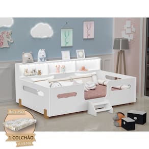 Cama Juvenil Mary Com Escada Led E Nicho + Colchão Branco/Castanho Claro