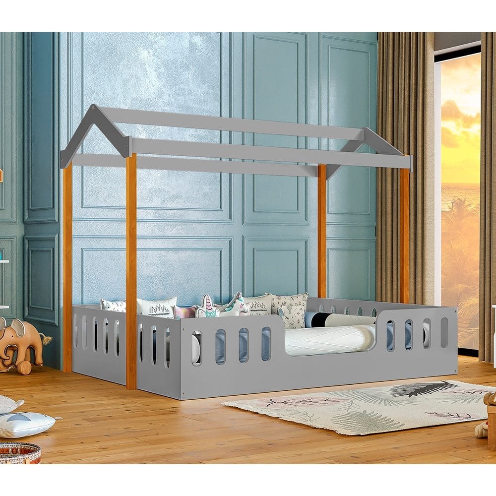 Cama Para Criança Infantil Ágatha Casal Casinha Montessoriana Cinza/Castanho Claro