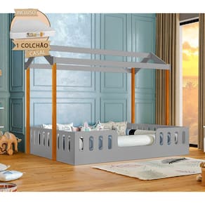 Cama Infantil Com Colchão Casal Casinha Segura Montessoriana Ágatha Cinza E Castanho Claro