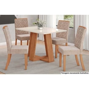 Sala de Jantar Completa Lins Tampo Reto Madeirado c/Vidro 120x80cm e 4 Cadeiras Esther Nature/Creme - Henn