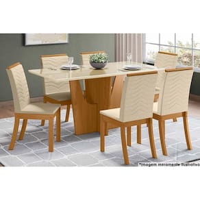 Sala de Jantar Completa Vértice Tampo Reto Madeirado c/Vidro 160x80cm e 6 Cadeiras Isa Nature/Veludo Light Linho - Henn