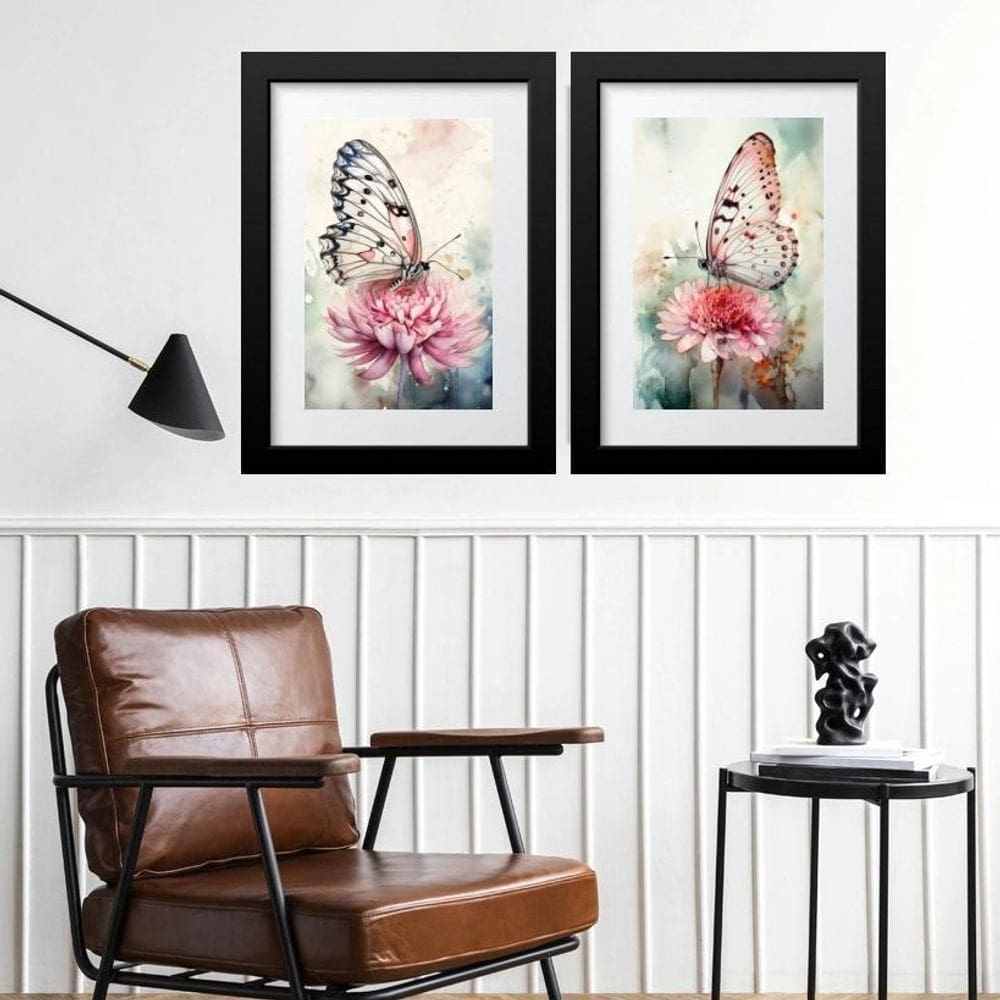 Kit 2 Quadros Borboletas Aquarela - 60X48Cm