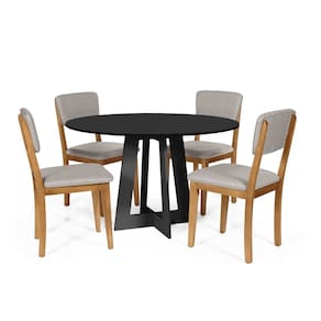 Mesa de Jantar Redonda Montreal Preta com 4 Cadeiras Estofadas Ella Cinza Claro