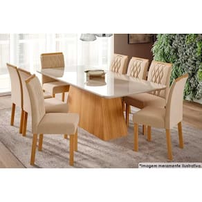 Sala de Jantar Completa Helena c/ Tampo Madeirado c/ Vidro 210x100cm e 8 Cadeiras Juliana Madeirado/Suede Nude Bege - Cimol