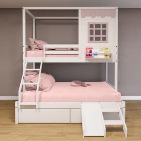 Beliche Casinha Reta Casal/ Solteiro com 02 Gavetas e Escorregador Madeira Maciça Branco/ Rosa Housin