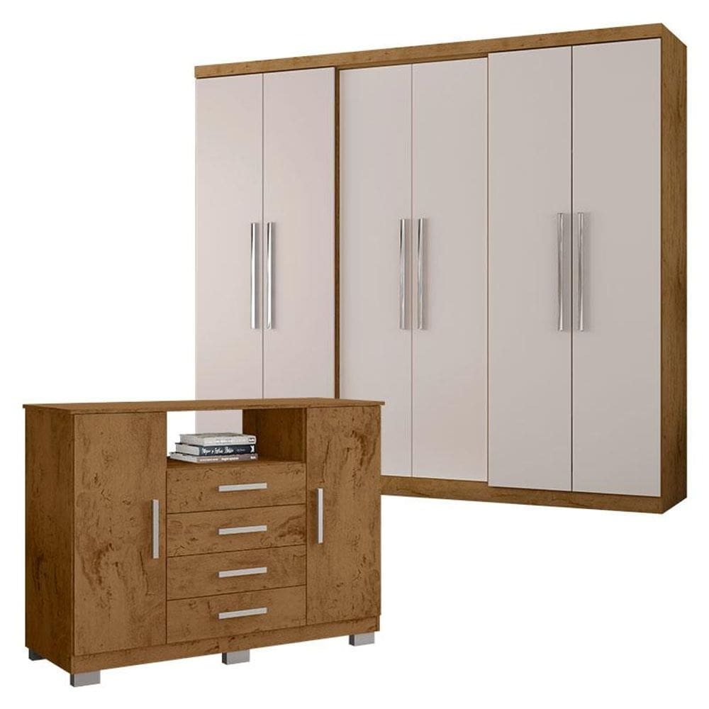 Guarda Roupa Casal 6000 e Cômoda 8020 Freijó Baunilha - Araplac