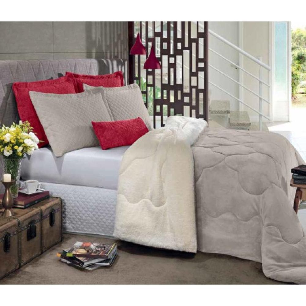 Edredom Plush Sherpa Liso Solteiro 1.60m X 2.40m Cevada Bege