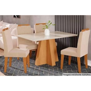 Sala de Jantar Completa Patricia c/ Tampo Madeirado c/ Vidro Canto Reto 130x80cm e 4 Cadeiras Paola Nature-Madeirado/Suede Nude - Cimol