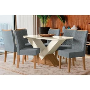 Sala de Jantar Completa Amora Tampo Madeirado c/ Vidro 90x170cm e 6 Cadeiras 2CAD129 Freijo/Off White/Vidro Off White - Veludo Tita - Kappesberg