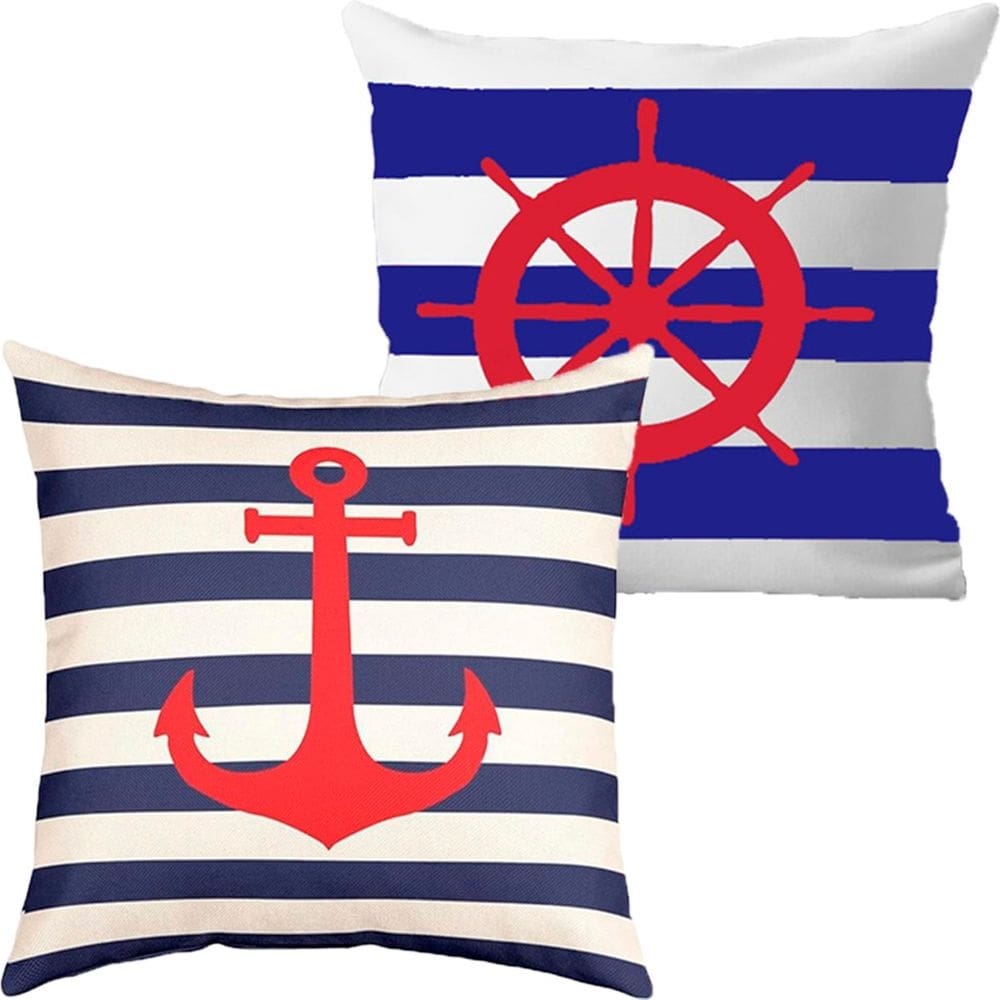 Kit 2 Capas De Almofadas Âncora e Timão Vermelho Marítima