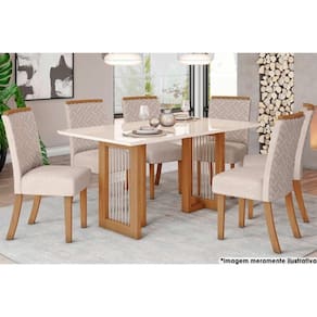 Sala de Jantar Completa Yara c/ Tampo Madeirado c/ Vidro Reto 160x90cm e 6 Cadeiras Malu Nature/Veludo Light Linho - Henn