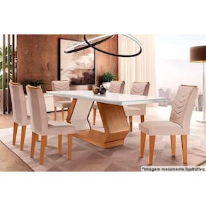 Sala de Jantar Completa Alvorada c/ Tampo Madeirado c/ Vidro 180x90cm e 6 Cadeiras Londrina Capuccino/Linho Bege - Rufato