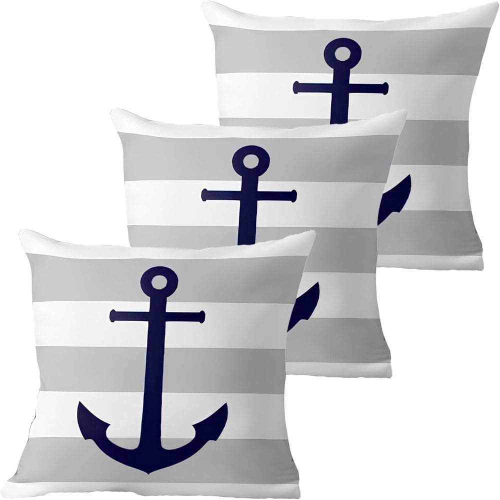 Kit 3 Capas De Almofadas Âncora Azul Navegação Marítima