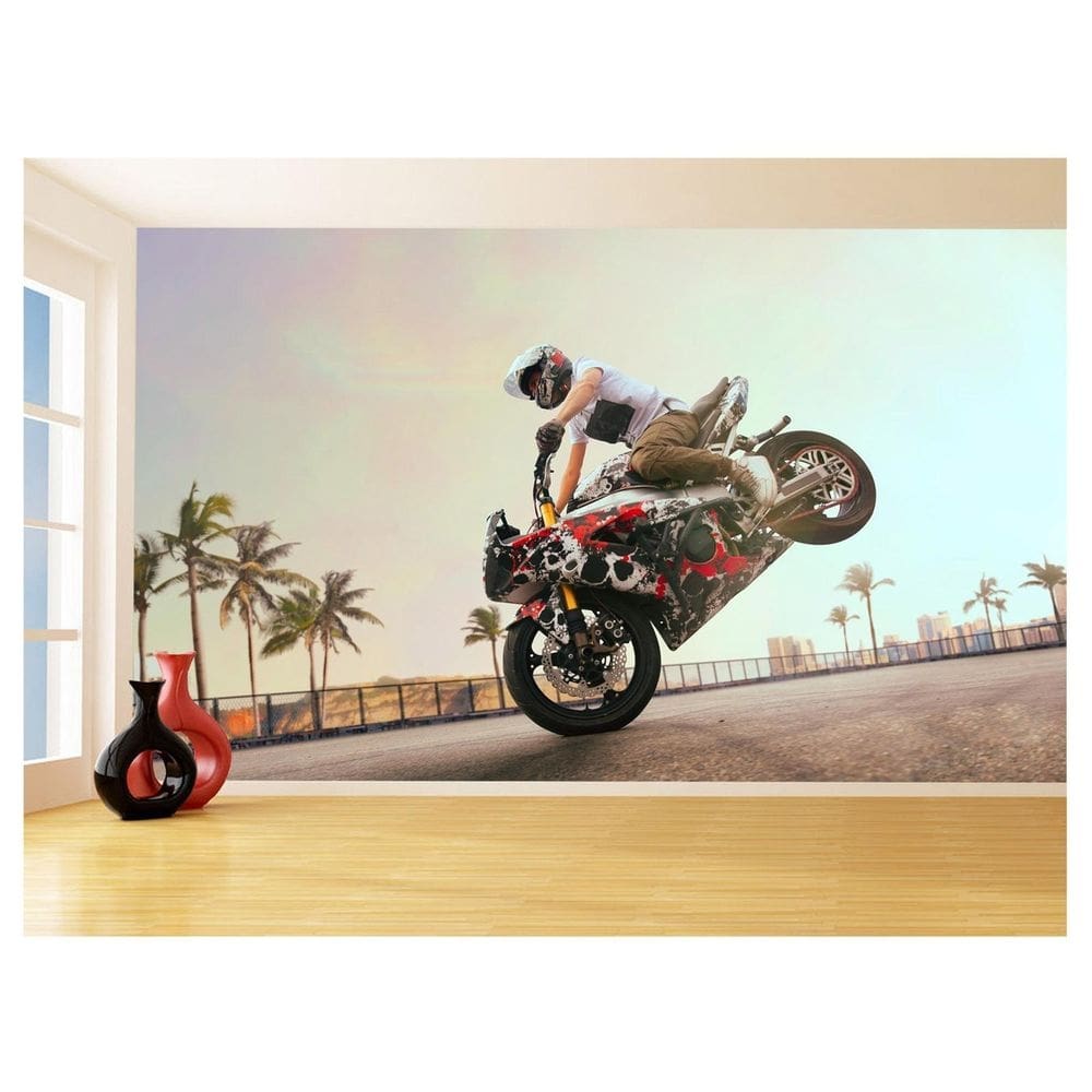 Papel De Parede 3D Moto Grau Empinando Manobra 3,5M Bkm31
