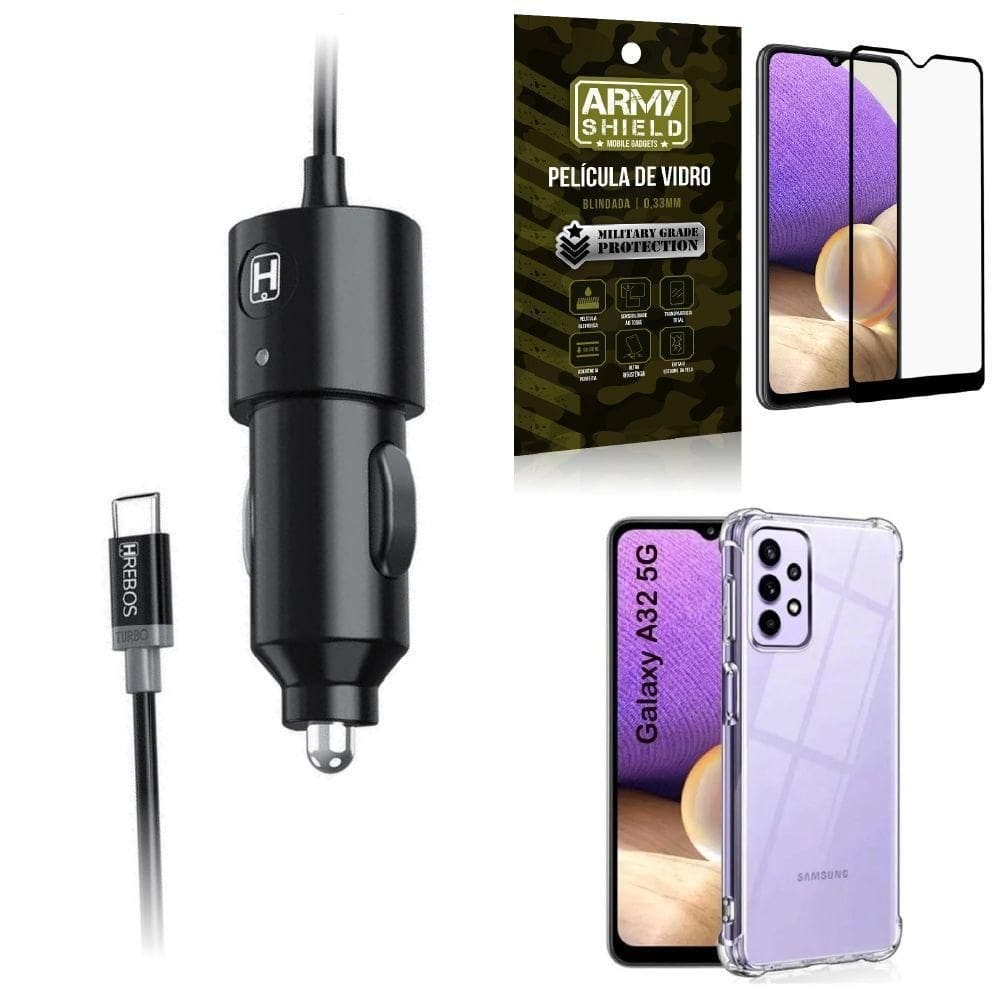 Capa samsung a32 5g +carregador veicular tipo c +película 3d