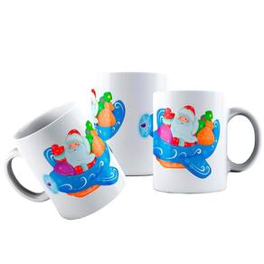Caneca cerâmica papai noel fofinho em avião infantil natal