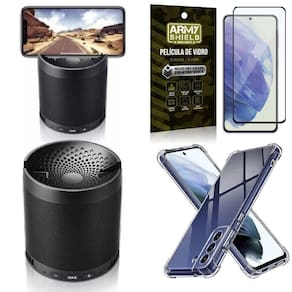Capinha s21 fe + som bluetooth potente q3 + película 3d