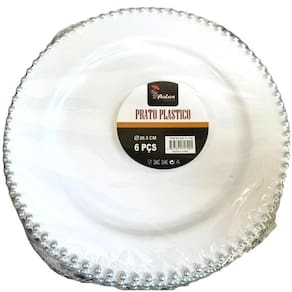 Prato De Jantar Acrílico Borda Bolinha Prata 26Cm -Kit 12Un