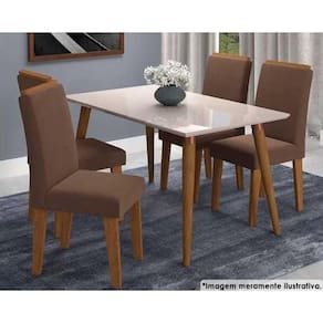 Sala de Jantar Completa Adele Madeira Maciça c/ Tampo Madeirado c/ Vidro 130x80cm e 4 Cadeiras Milena Savana/Nature-Suede Joli Chocolate - Cimol