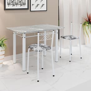 Conjunto Sala de Jantar Mesa Retangular 100x60cm Tampo Granito Topázio 2 Banquetas Maragogi Yescasa Preto Floral/ Branco