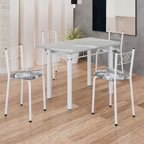 Conjunto Sala de Jantar Mesa Retangular 100x60cm Tampo Granito Topázio 4 Banquetas Maragogi Yescasa Preto Floral/ Branco