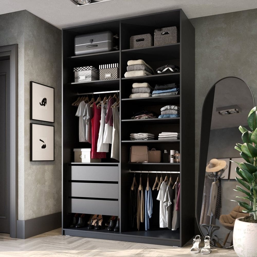 Closet Solteiro em Bp 2 Vaos sem Portas 3 Gavetas Sion Preto