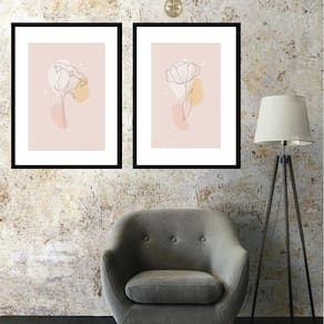 Kit 2 Quadros Flores Minimalistas Rosadas - 60X48Cm