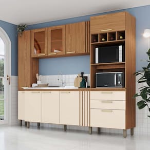 Cozinha Compacta Beatriz 2 Fornos com Vidro Espresso Móveis Marrom e Off White