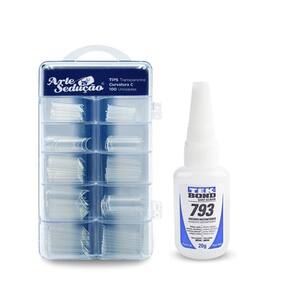 Kit 100 Tips Curvatura C Transparente + Cola Tek Bond 793