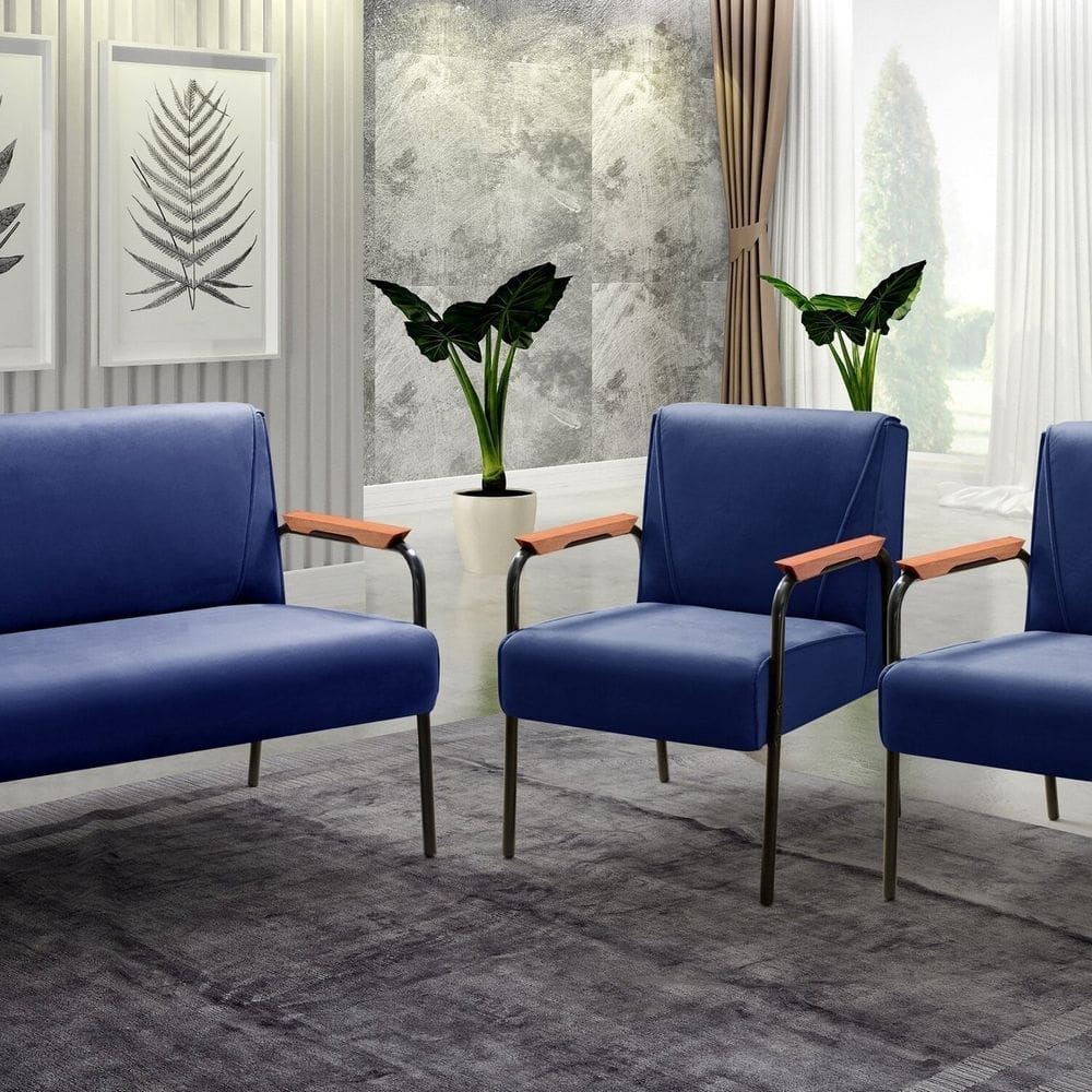 Conjunto com 2 Poltronas e Namoradeira Decorativa Jade Sala de Estar Azul Marinho