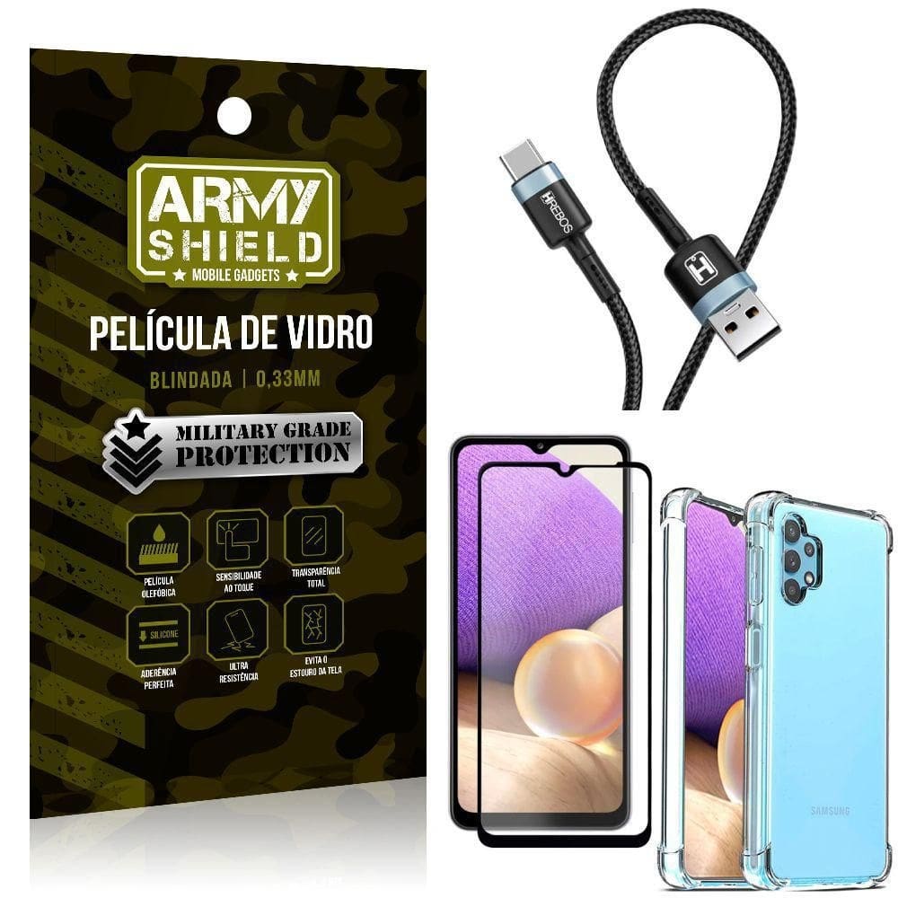 Cabo usb para tipo c samsung a32 5g + capinha + película 3d